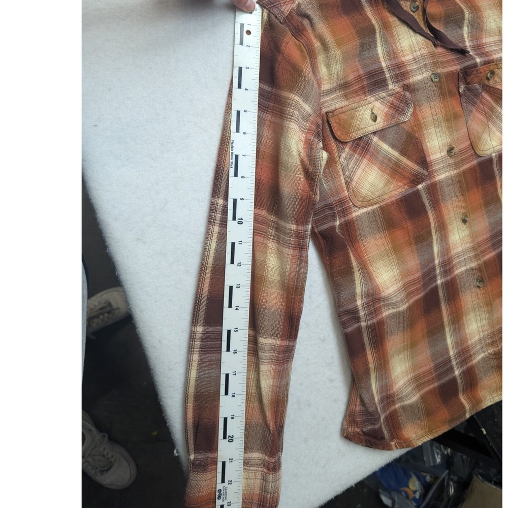 Carhartt Hooded Flannel Shirt Kids Medium 8/10 Brown Orange Plaid Button Up - Picture 7 of 7